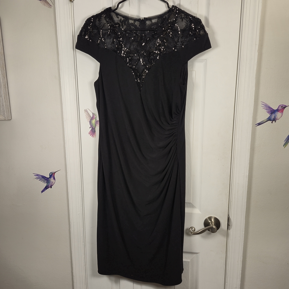 Adrianna Papell Black Sequin Sheer Yoke Ruched Sheath Cocktail Dress Formal 12